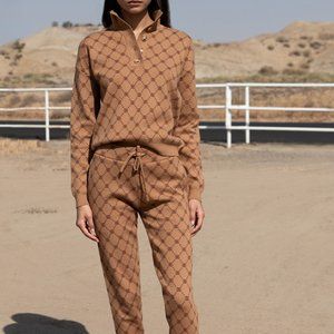 Ell and Emm Preppy Monogram Matching Jogger Sweater Set Brown